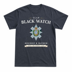 Black Watch Ancient Tartan Crest Mischief and Mayhem T-shirt