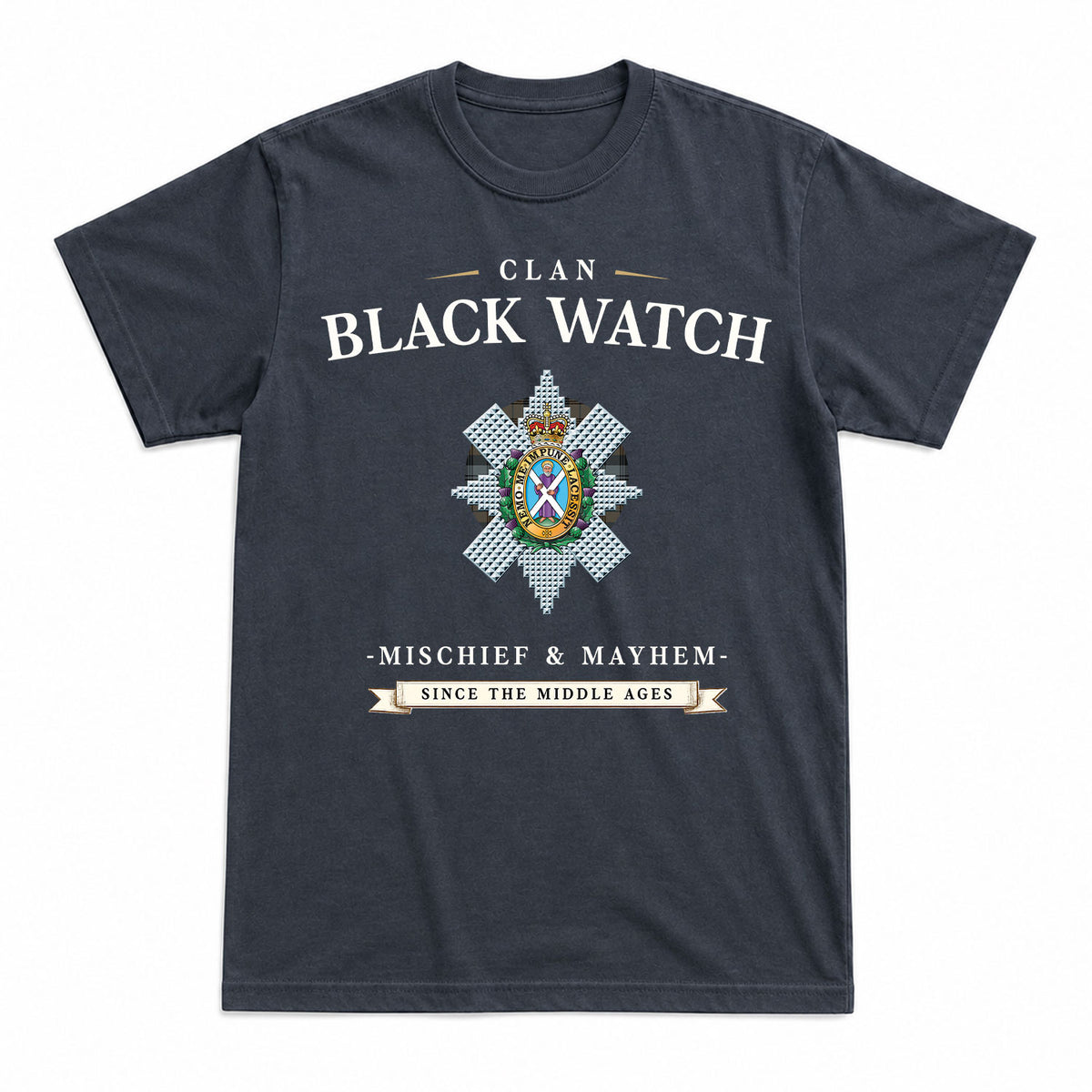 Black Watch Weathered Tartan Crest Mischief and Mayhem T-shirt