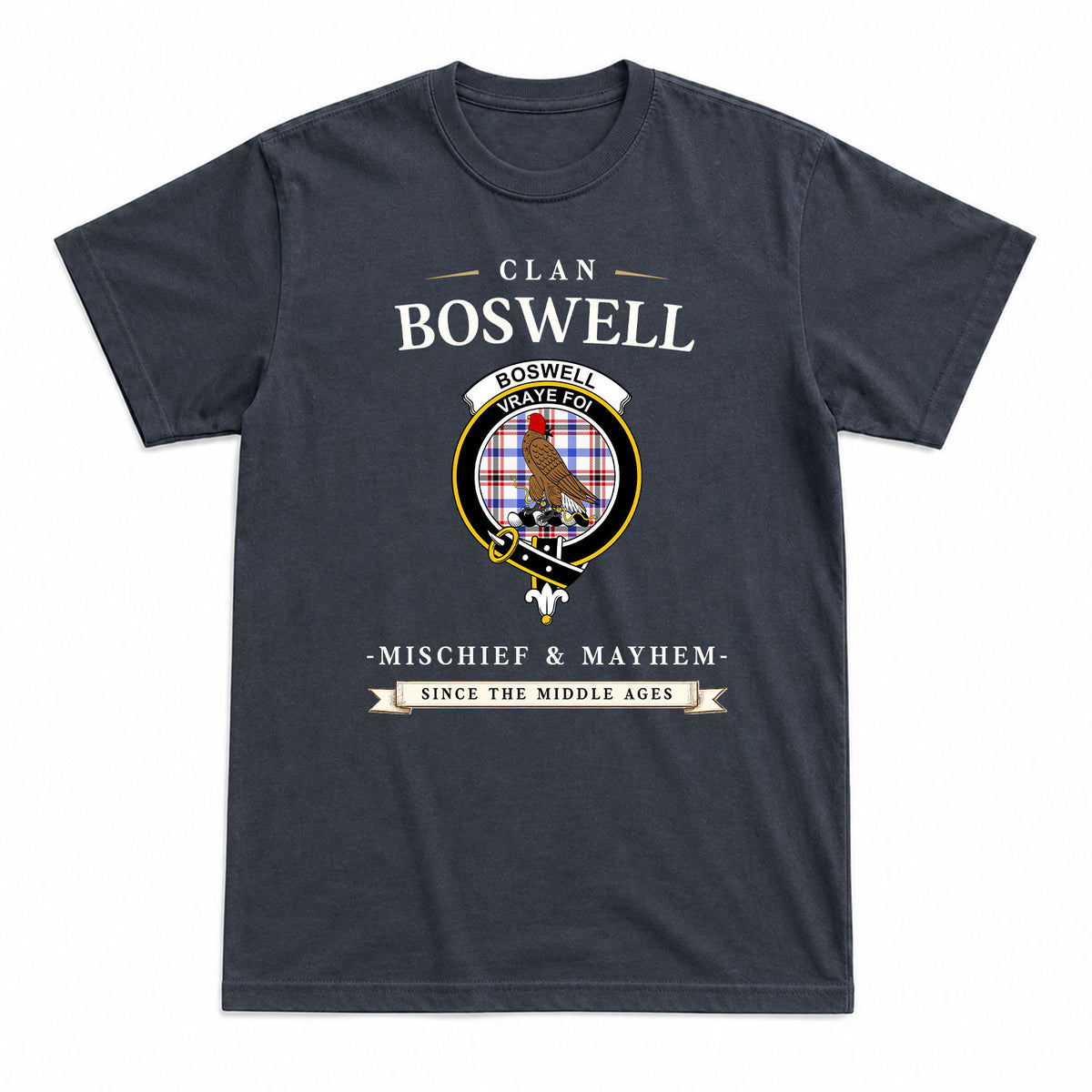 Boswell Modern Tartan Crest Mischief and Mayhem T-shirt