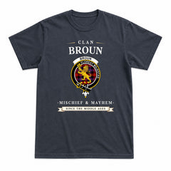 Broun Modern Tartan Crest Mischief and Mayhem T-shirt