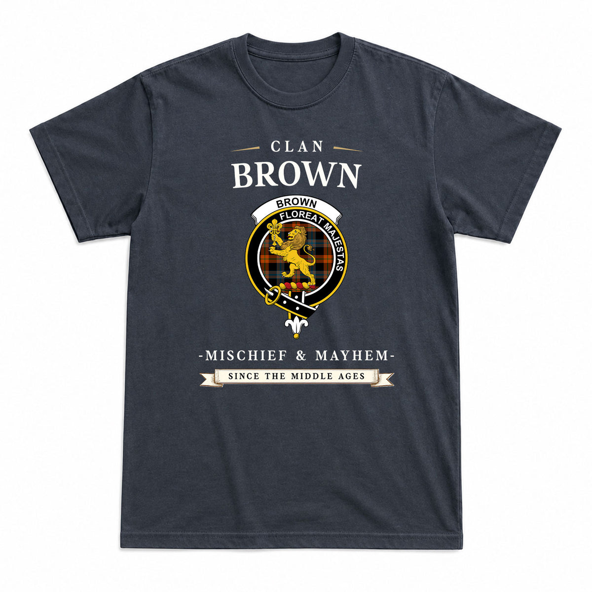 Brown Ancient Tartan Crest Mischief and Mayhem T-shirt