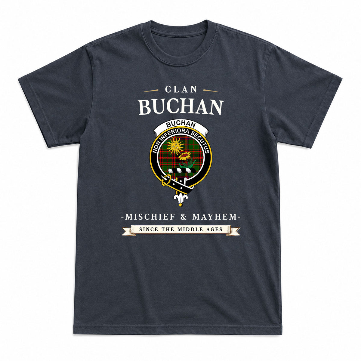 Buchan Modern Tartan Crest Mischief and Mayhem T-shirt