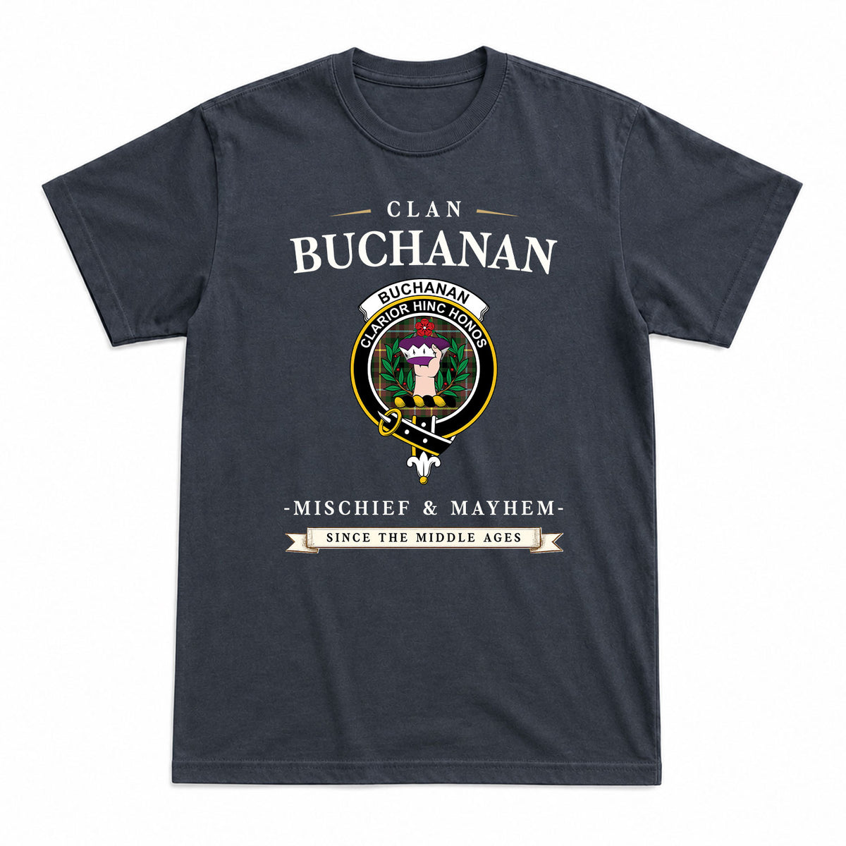Buchanan Hunting Tartan Crest Mischief and Mayhem T-shirt