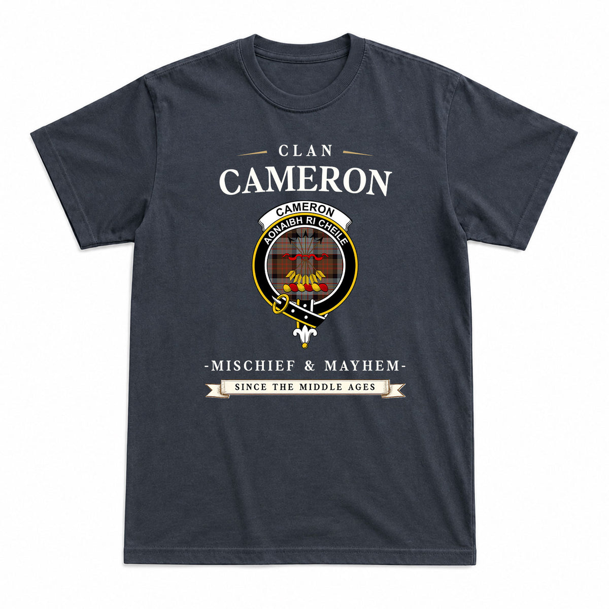 Cameron of Erracht Weathered Tartan Crest Mischief and Mayhem T-shirt