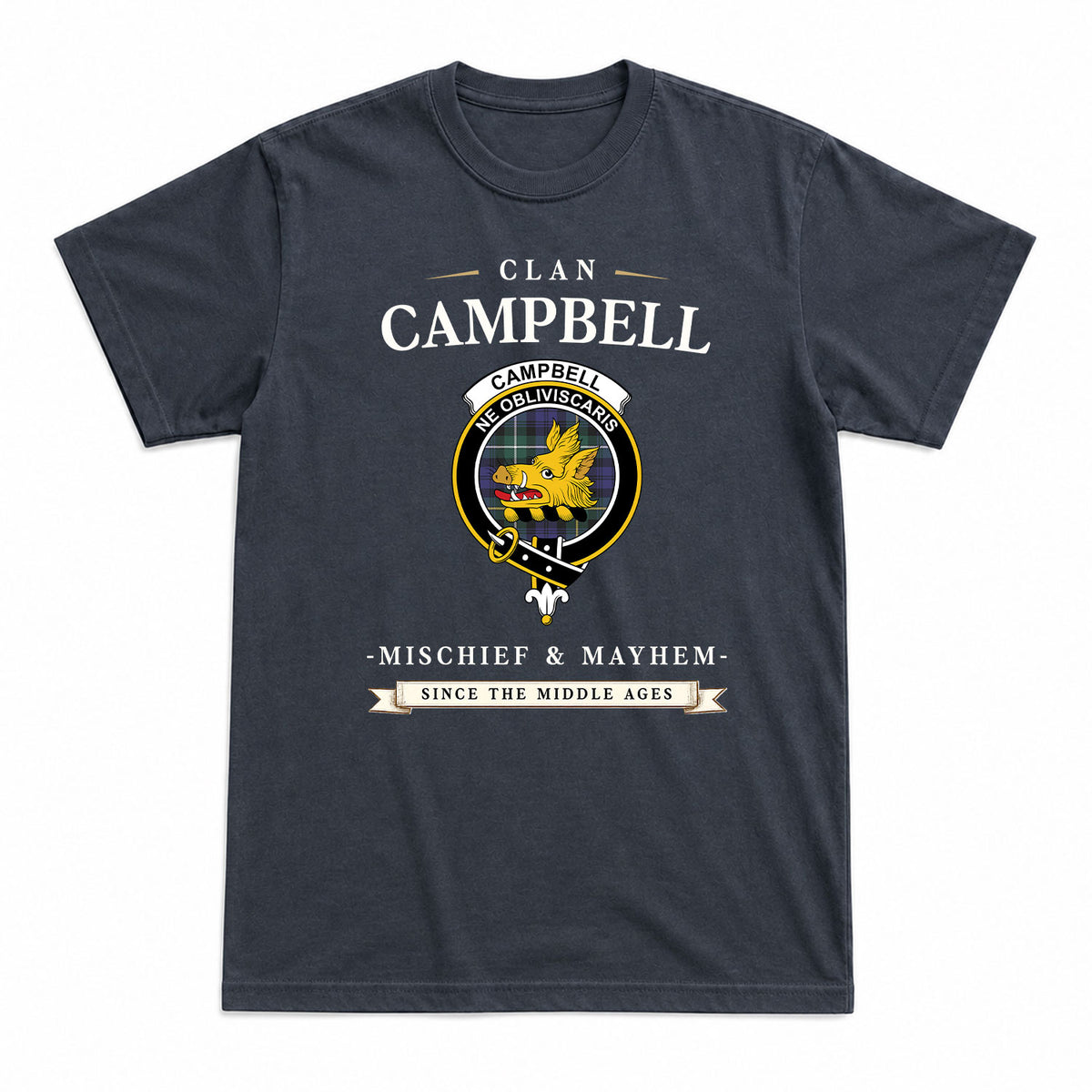Campbell Argyll Modern Tartan Crest Mischief and Mayhem T-shirt