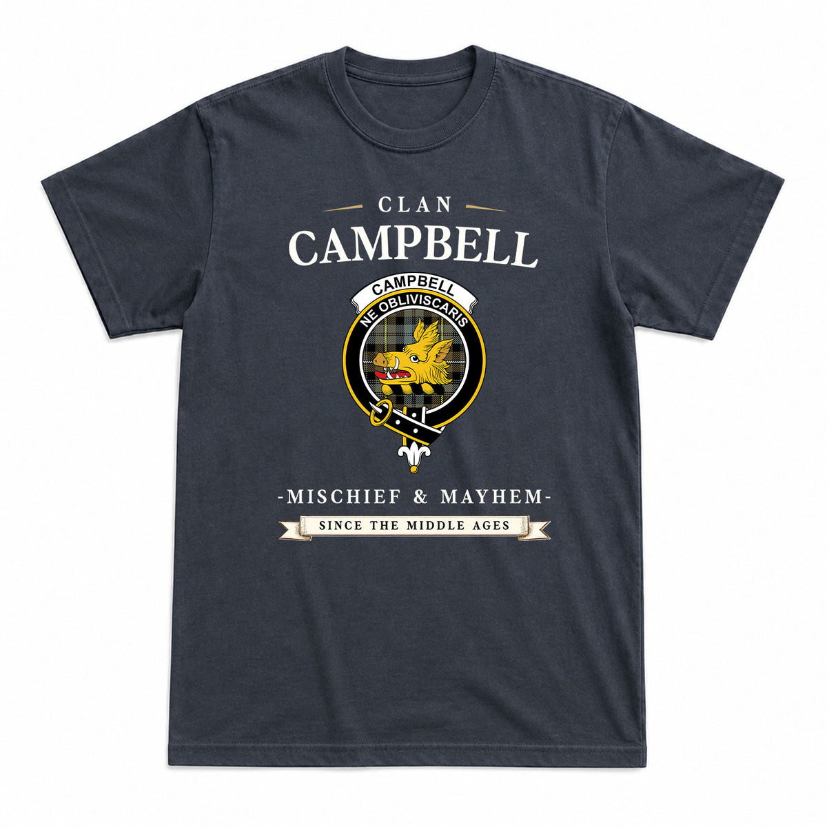 Campbell Argyll Weathered Tartan Crest Mischief and Mayhem T-shirt