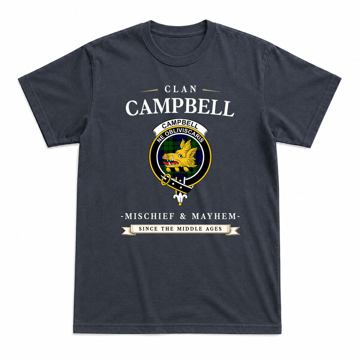 Campbell Modern Tartan Crest Mischief and Mayhem T-shirt