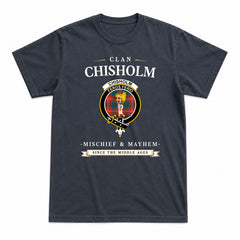 Chisholm Ancient Tartan Crest Mischief and Mayhem T-shirt