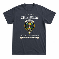 Chisholm Hunting Ancient Tartan Crest Mischief and Mayhem T-shirt