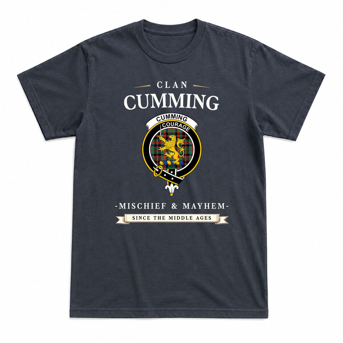 Cumming Hunting Ancient Tartan Crest Mischief and Mayhem T-shirt