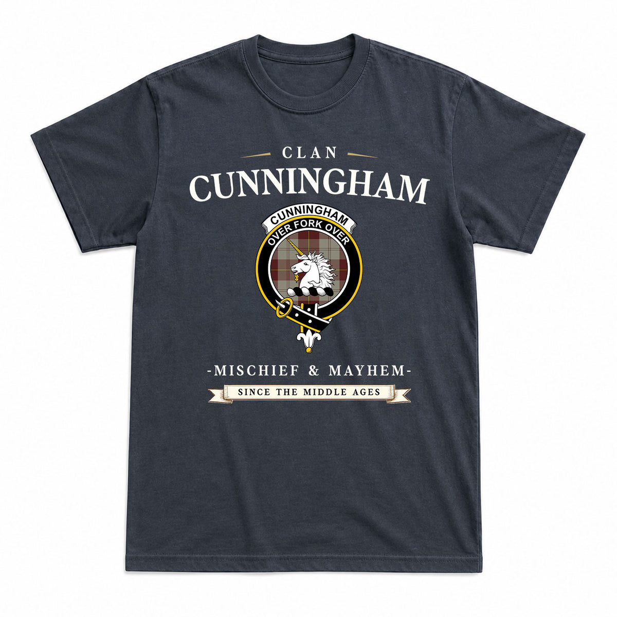 Cunningham Burgundy Dancers Tartan Crest Mischief and Mayhem T-shirt