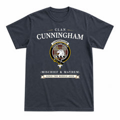 Cunningham Burgundy Dancers Tartan Crest Mischief and Mayhem T-shirt