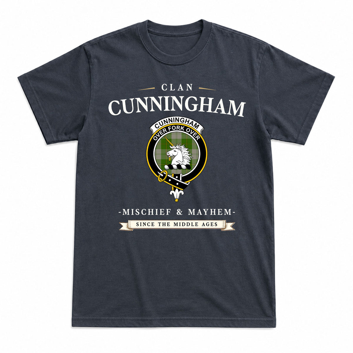 Cunningham Dress Green Dancers Tartan Crest Mischief and Mayhem T-shirt