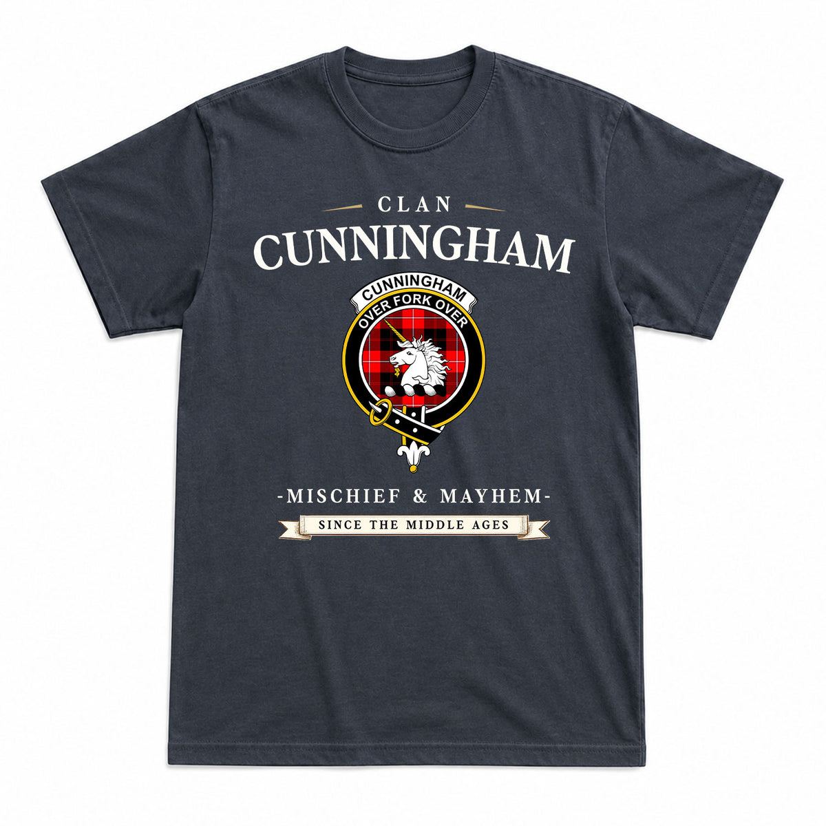 Cunningham Modern Tartan Crest Mischief and Mayhem T-shirt