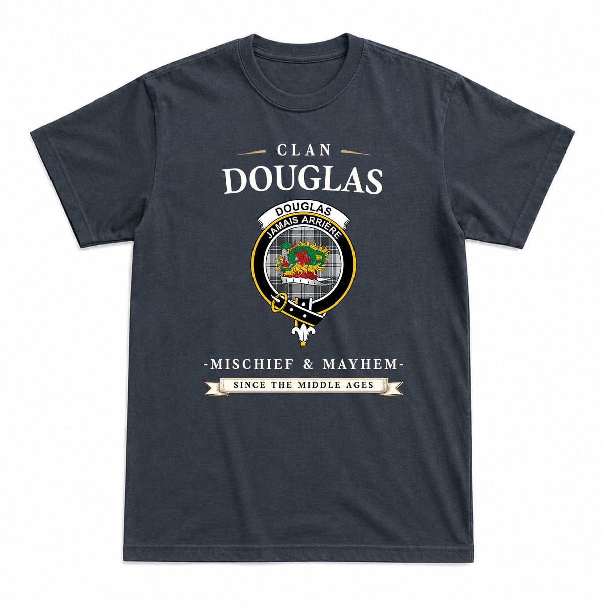 Douglas Grey Modern Tartan Crest Mischief and Mayhem T-shirt