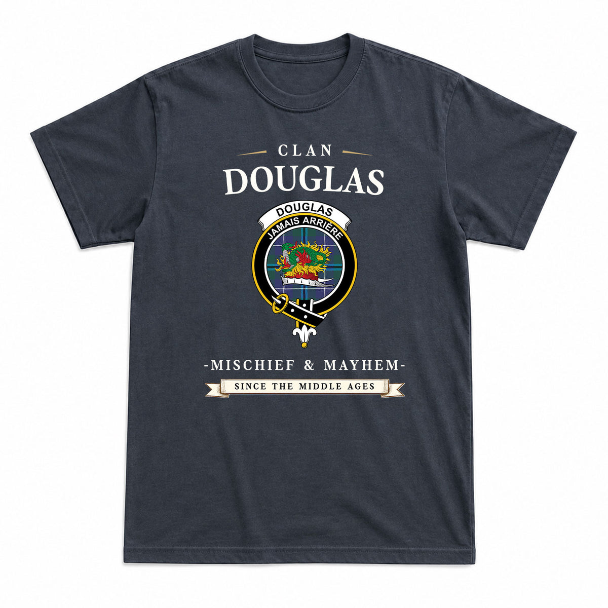 Douglas Modern Tartan Crest Mischief and Mayhem T-shirt