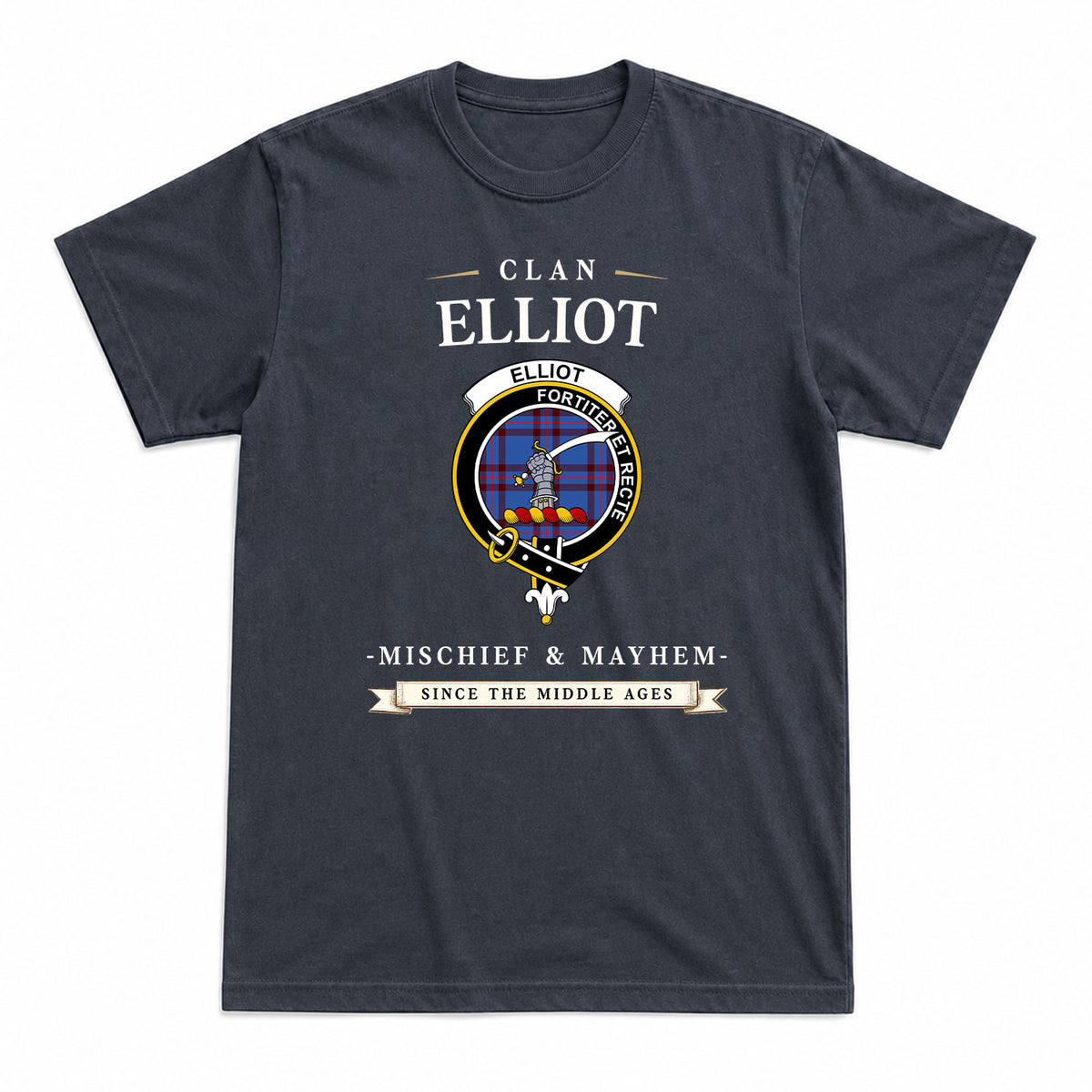 Elliot Modern Tartan Crest Mischief and Mayhem T-shirt
