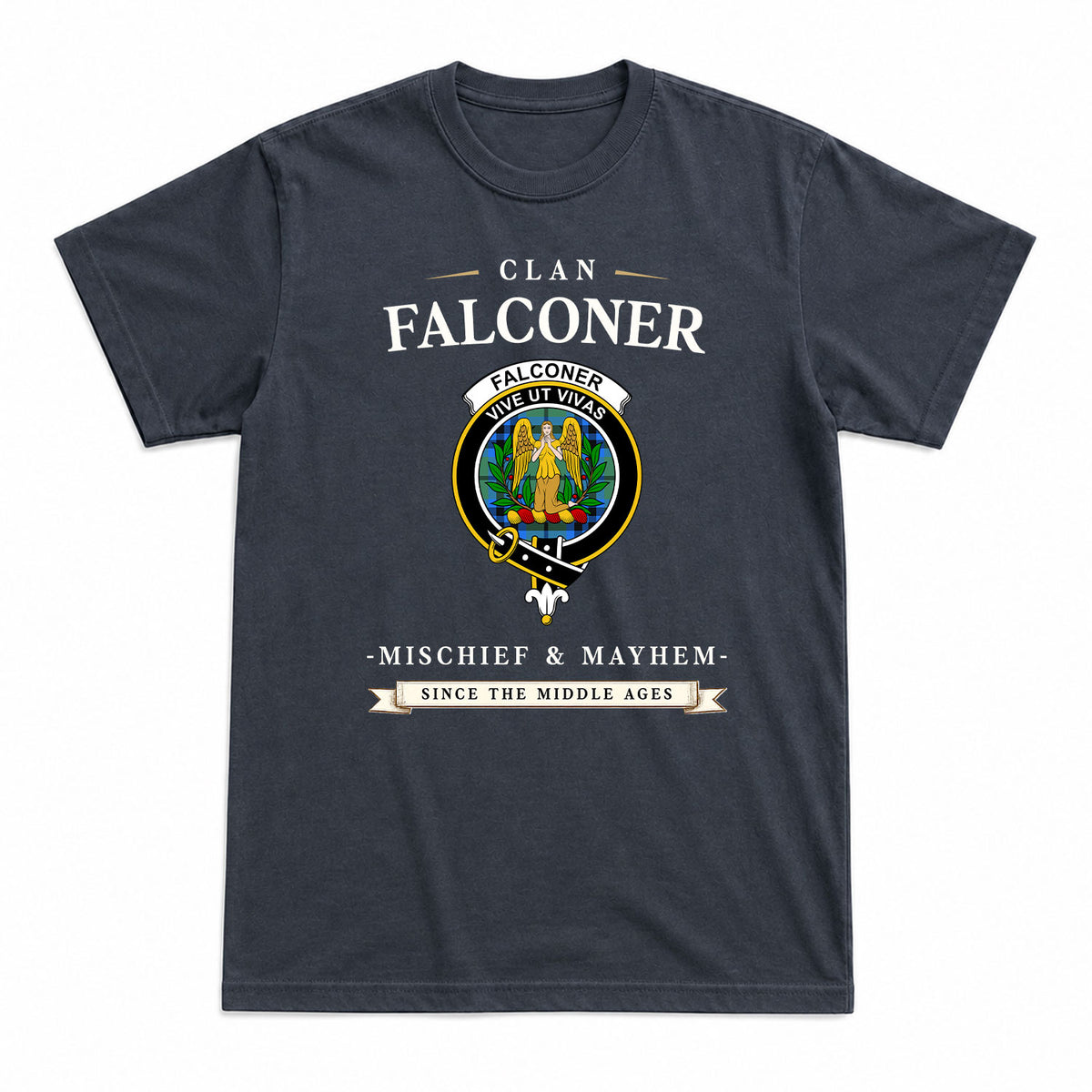 Falconer Tartan Crest Mischief and Mayhem T-shirt