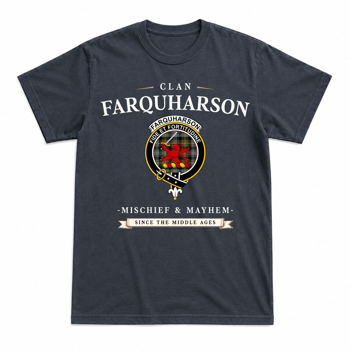 Farquharson Weathered Tartan Crest Mischief and Mayhem T-shirt
