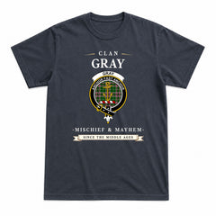 Gray Hunting Tartan Crest Mischief and Mayhem T-shirt