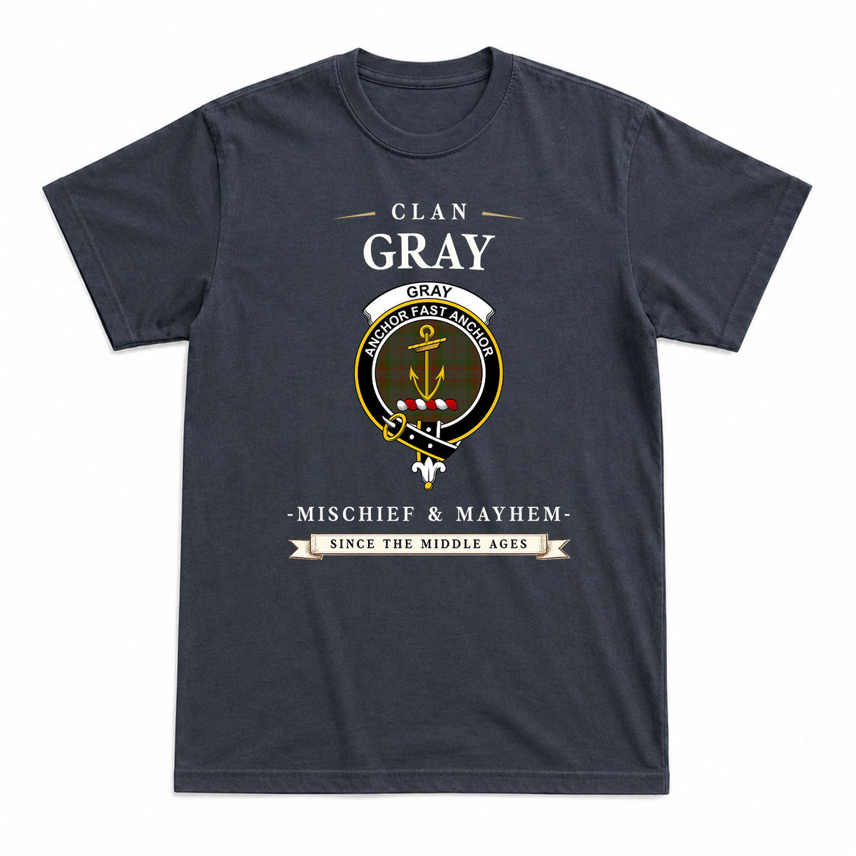 Gray Tartan Crest Mischief and Mayhem T-shirt