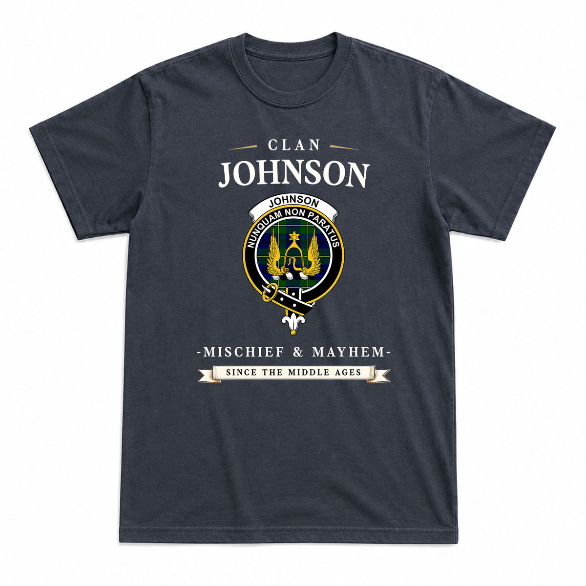 Johnson Modern Tartan Crest Mischief and Mayhem T-shirt