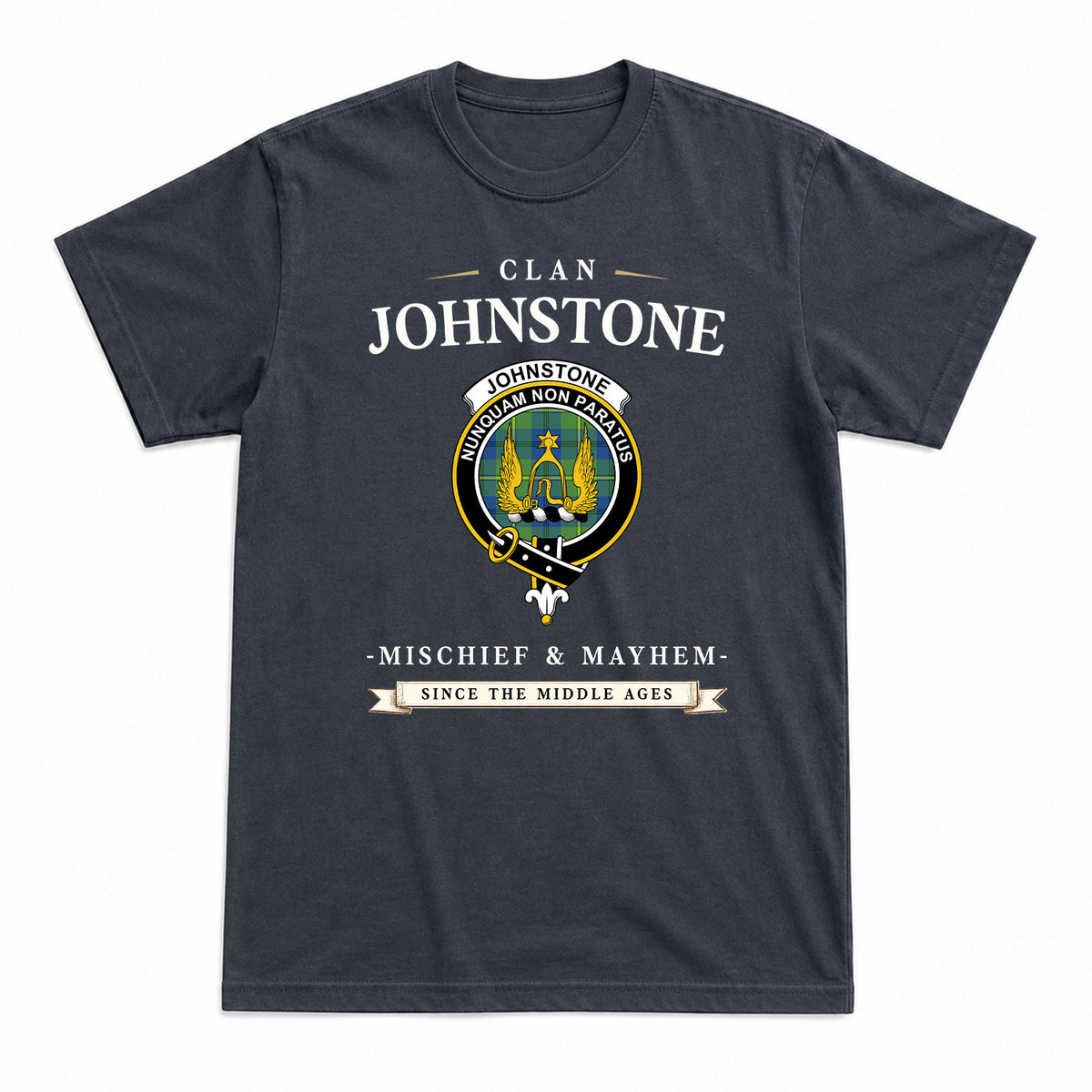 Johnstone Ancient Tartan Crest Mischief and Mayhem T-shirt
