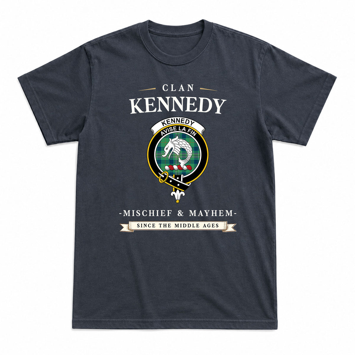 Kennedy Ancient Tartan Crest Mischief and Mayhem T-shirt