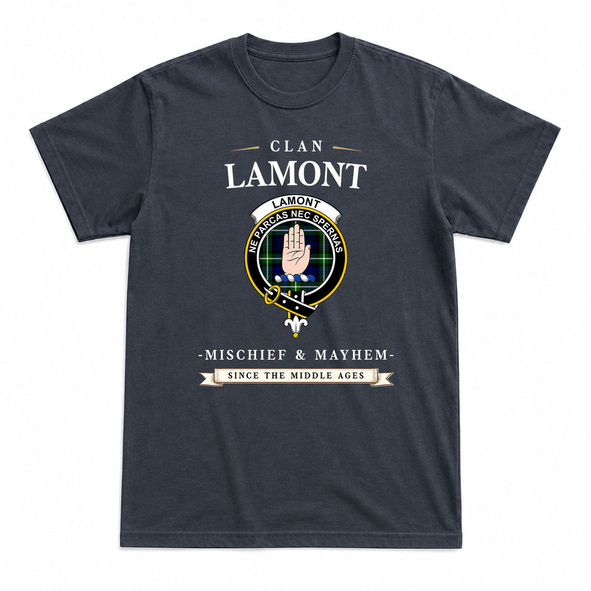 Lamont Modern Tartan Crest Mischief and Mayhem T-shirt