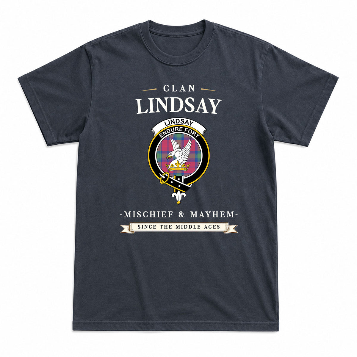 Lindsay Ancient Tartan Crest Mischief and Mayhem T-shirt