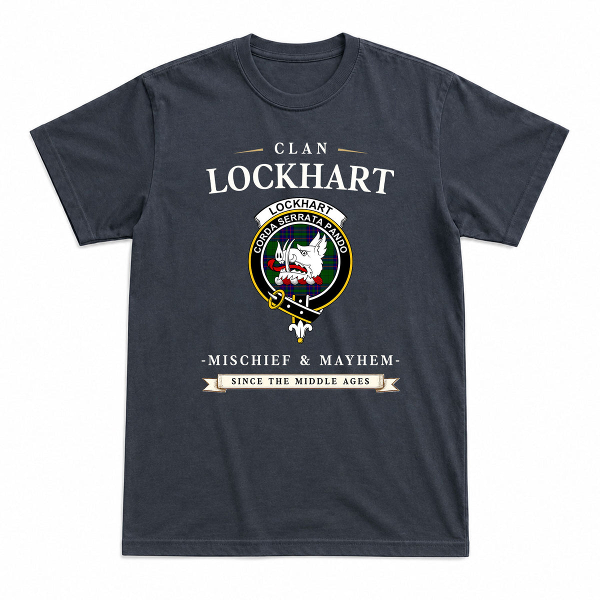 Lockhart Modern Tartan Crest Mischief and Mayhem T-shirt