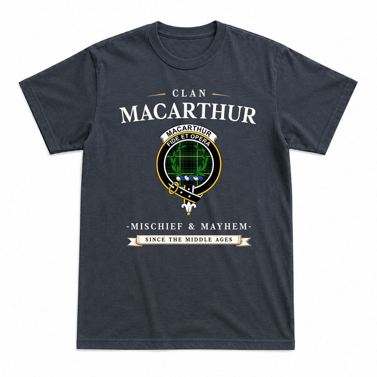 MacArthur Modern Tartan Crest Mischief and Mayhem T-shirt