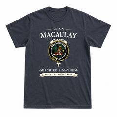 MacAulay Hunting Ancient Tartan Crest Mischief and Mayhem T-shirt