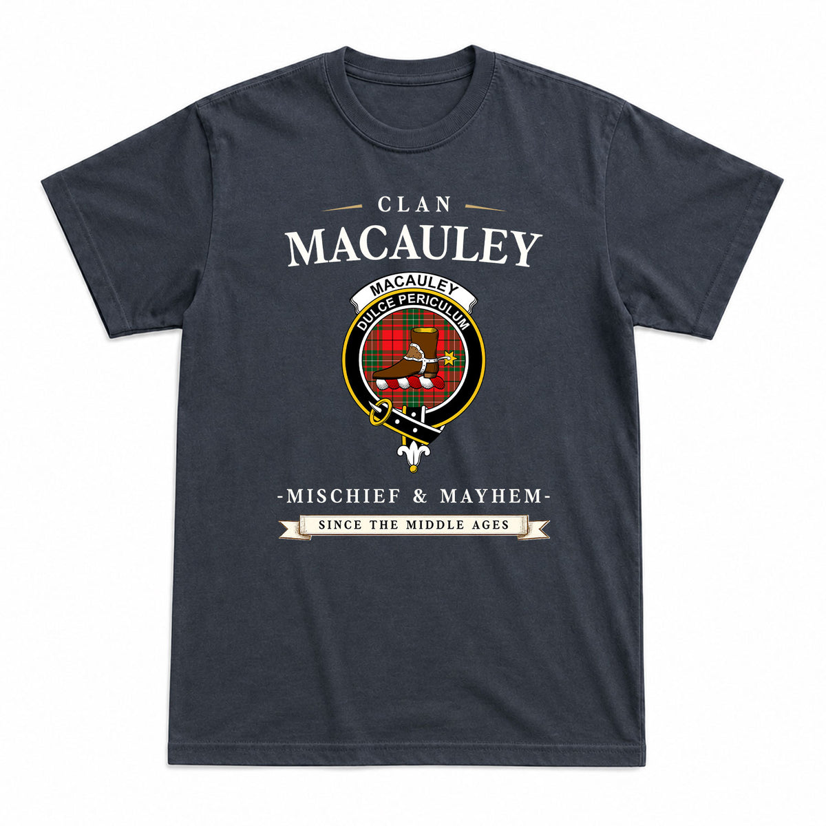 MacAuley Modern Tartan Crest Mischief and Mayhem T-shirt