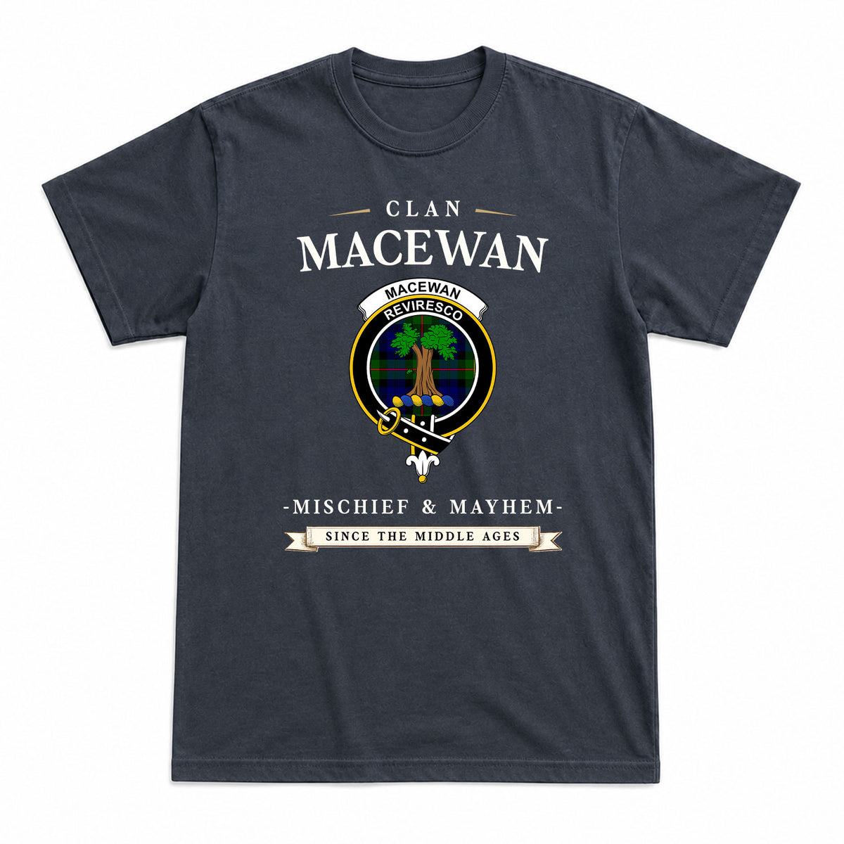 MacEwan Modern Tartan Crest Mischief and Mayhem T-shirt