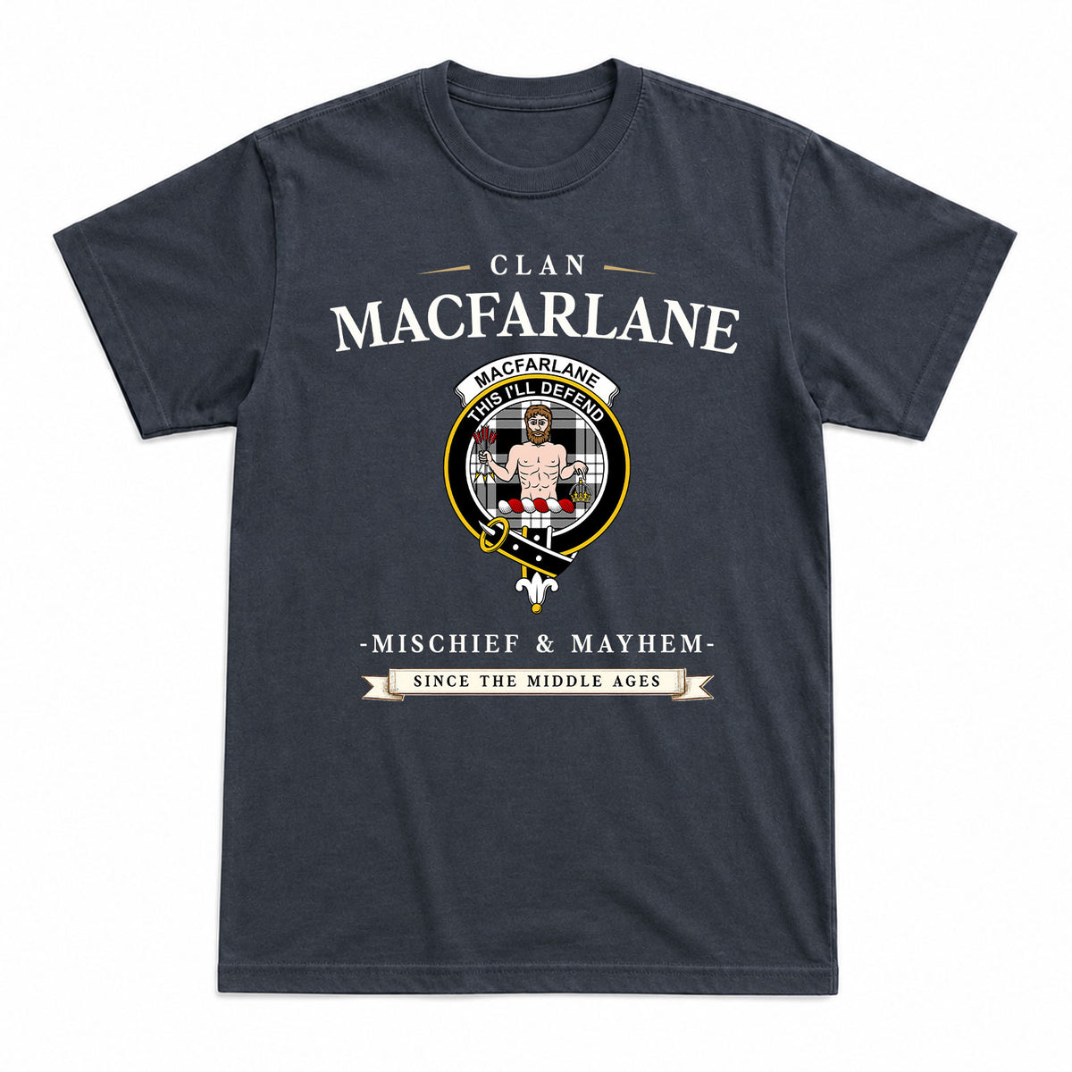 MacFarlane Black - White Tartan Crest Mischief and Mayhem T-shirt