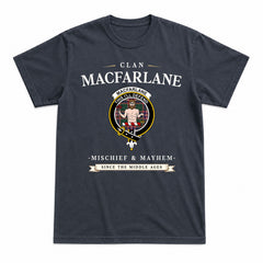 MacFarlane Hunting Modern Tartan Crest Mischief and Mayhem T-shirt