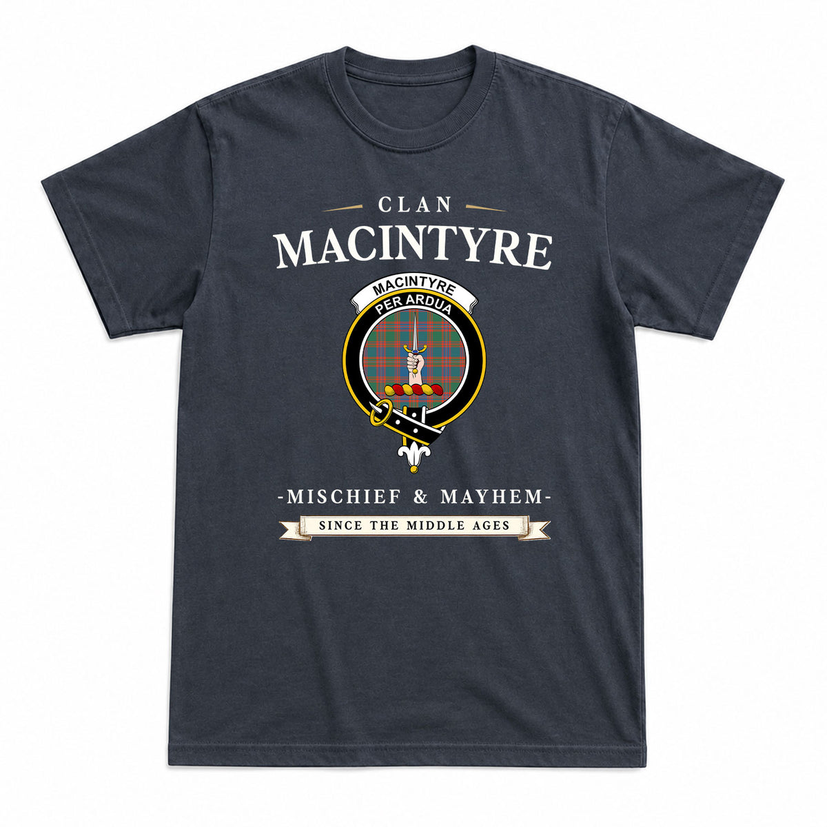 MacIntyre Ancient Tartan Crest Mischief and Mayhem T-shirt