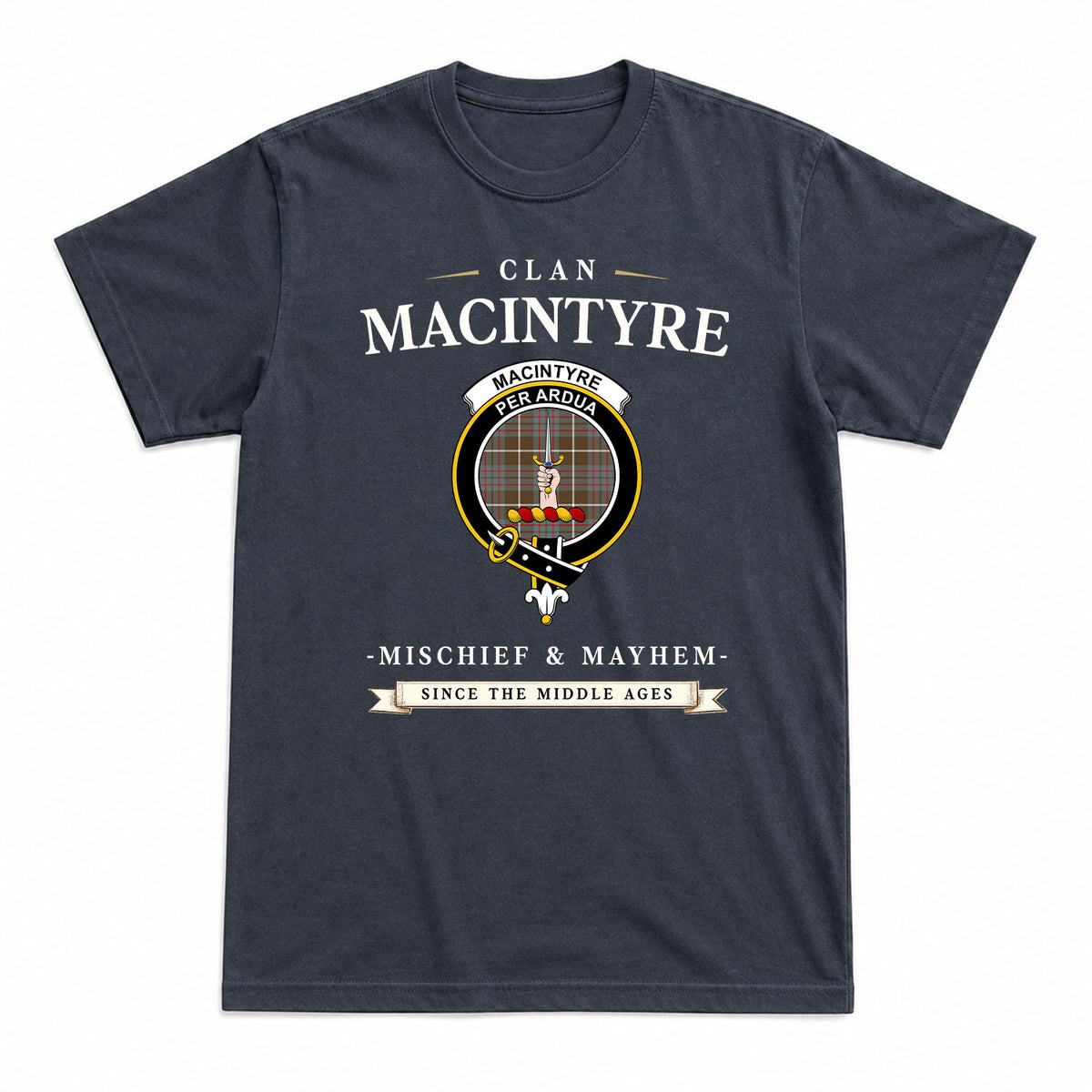 MacIntyre Hunting Weathered Tartan Crest Mischief and Mayhem T-shirt