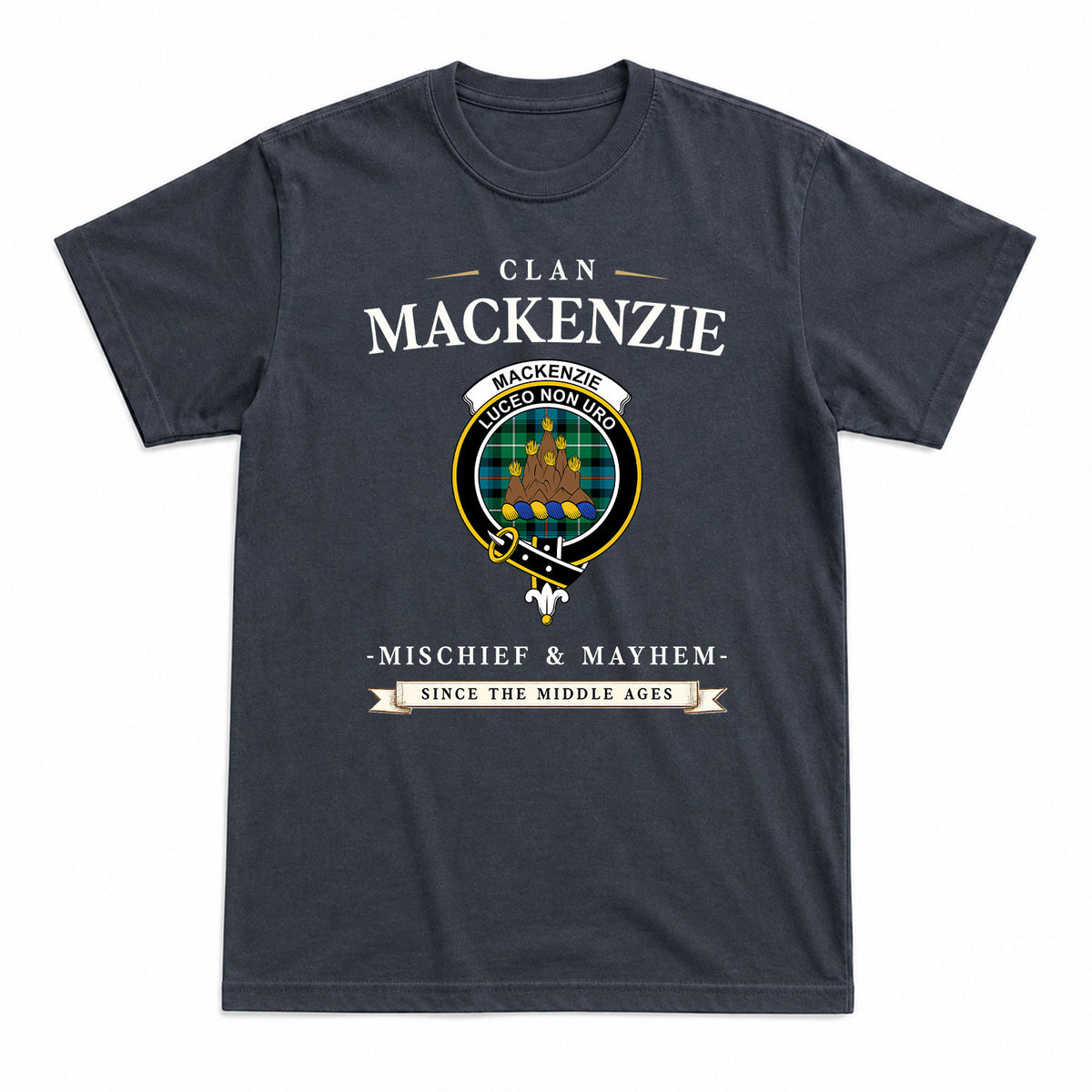 MacKenzie Ancient Tartan Crest Mischief and Mayhem T-shirt