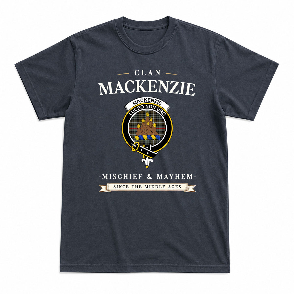 MacKenzie Weathered Tartan Crest Mischief and Mayhem T-shirt