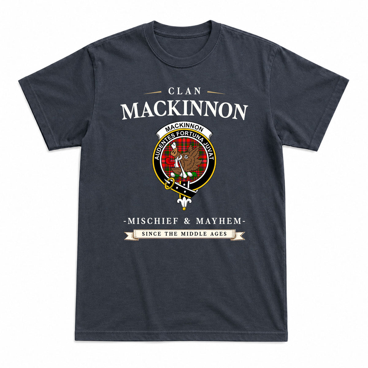 MacKinnon Modern Tartan Crest Mischief and Mayhem T-shirt