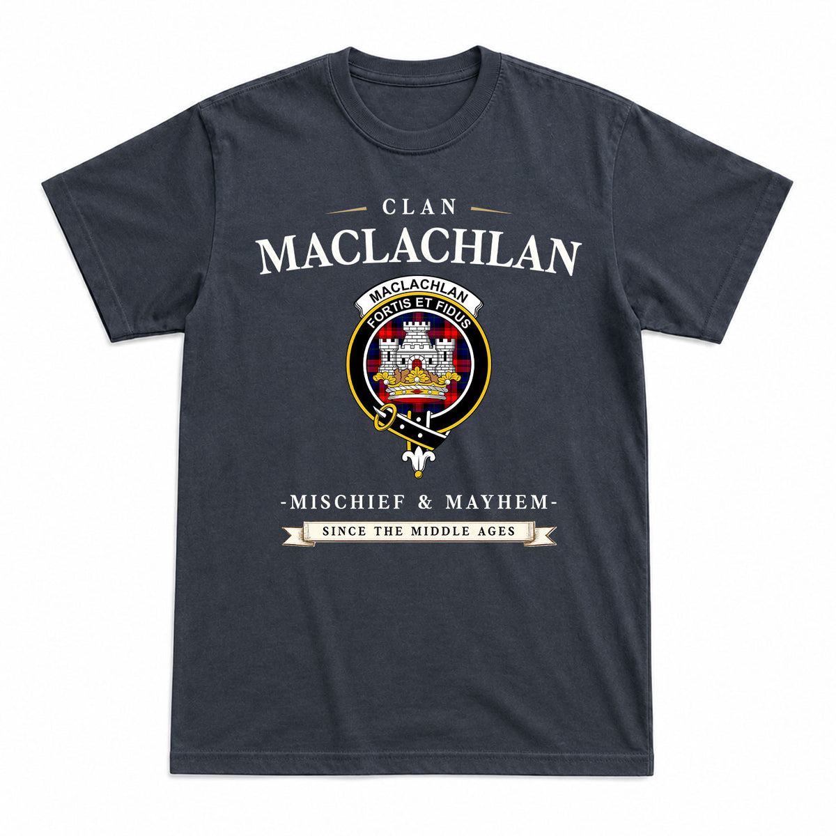 MacLachlan Modern Tartan Crest Mischief and Mayhem T-shirt