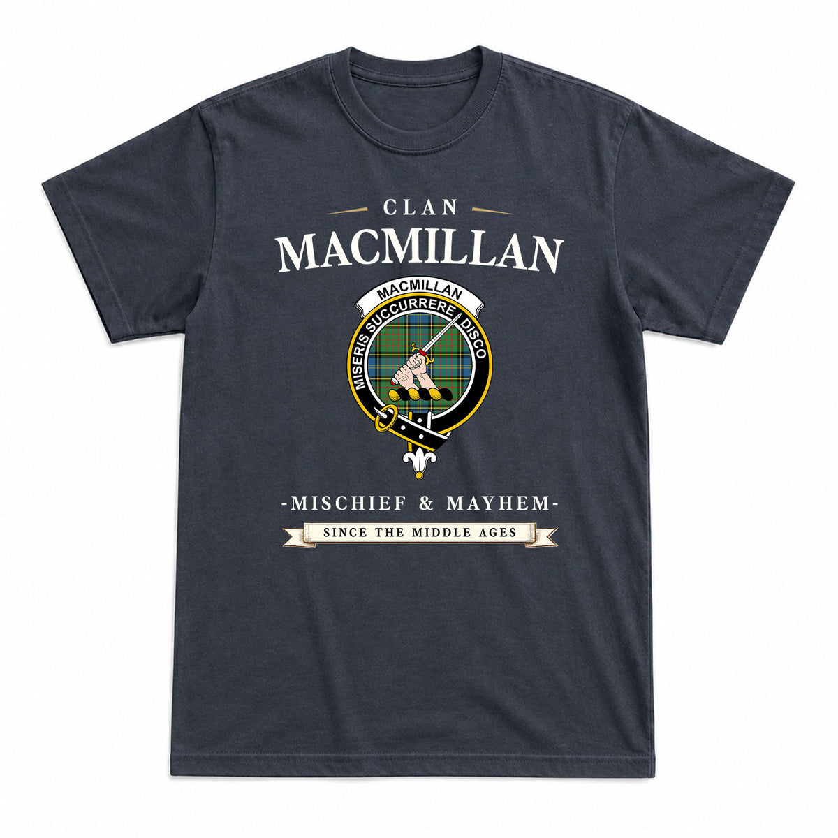 MacMillan Hunting Ancient Tartan Crest Mischief and Mayhem T-shirt