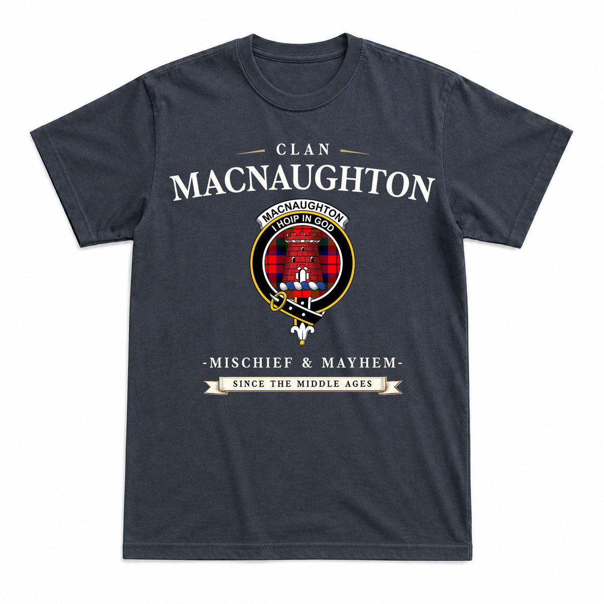 MacNaughton Modern Tartan Crest Mischief and Mayhem T-shirt
