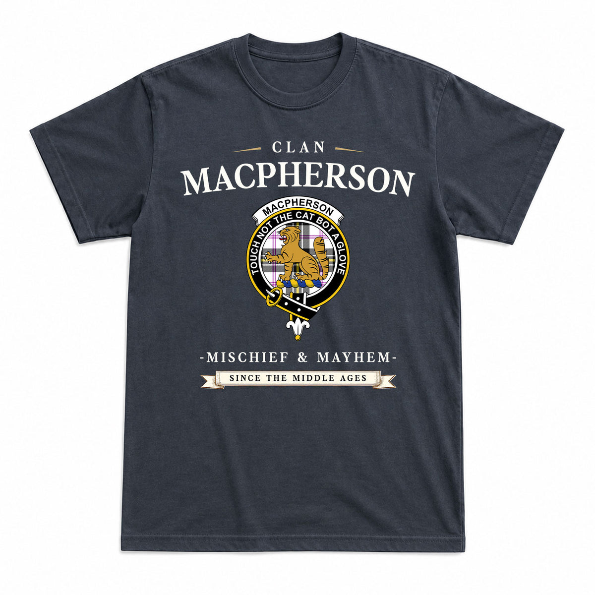 MacPherson Dress Modern Tartan Crest Mischief and Mayhem T-shirt