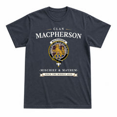 MacPherson Hunting Ancient Tartan Crest Mischief and Mayhem T-shirt