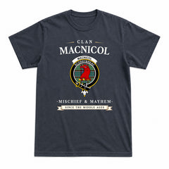 MacNicol Hunting Ancient Tartan Crest Mischief and Mayhem T-shirt