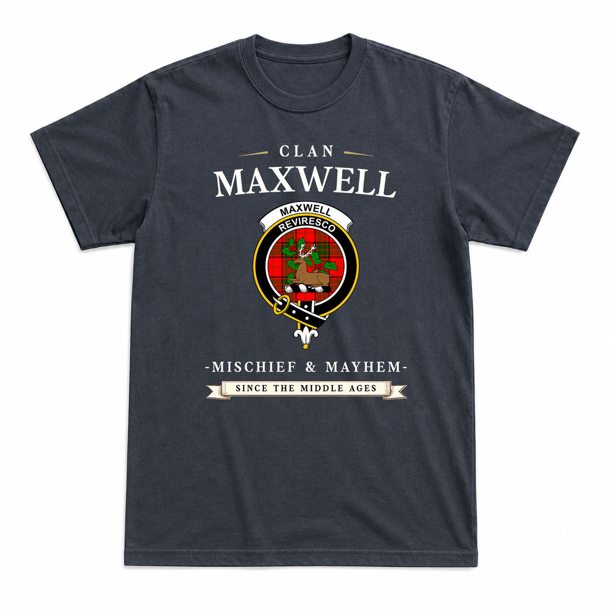 Maxwell Modern Tartan Crest Mischief and Mayhem T-shirt