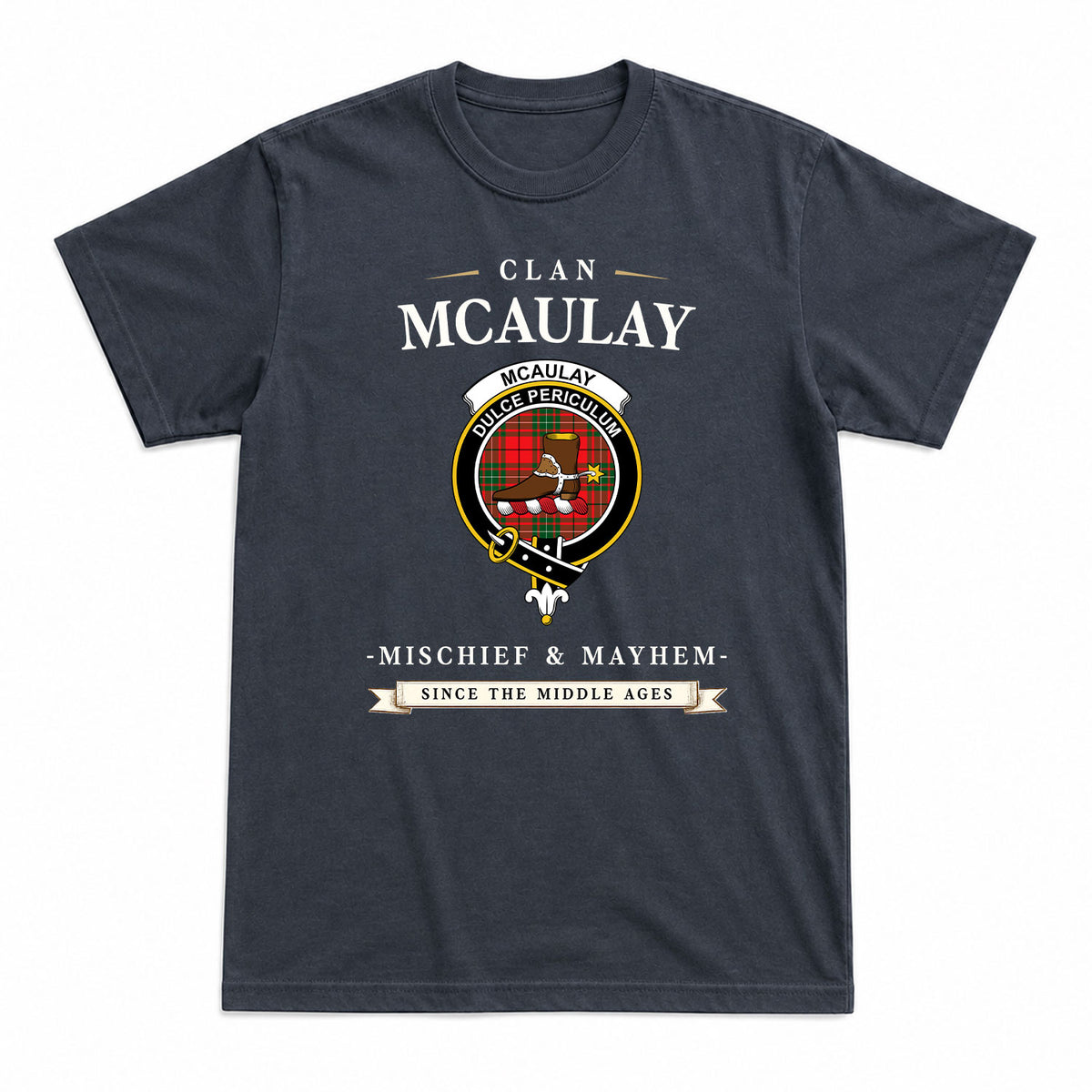 McAulay Modern Tartan Crest Mischief and Mayhem T-shirt